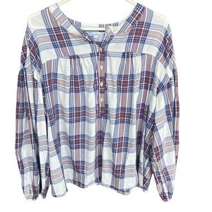 Every Moment Womens XXL Plaid Henley Blouse Blue Red White Cotton Blend Relaxed